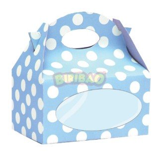 Scatole Candy  Box con finestrella trasparente  per confezionare dolcetti o regali  - 12 pezzi - cartoncino rigido - celeste a pois bianchi  - 12 cm x 12 cm x 8 cm H - Biribao
