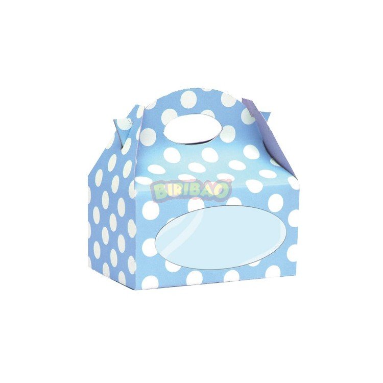 Scatole Candy  Box con finestrella trasparente  per confezionare dolcetti o regali  - 12 pezzi - cartoncino rigido - celeste a pois bianchi  - 12 cm x 12 cm x 8 cm H - Biribao