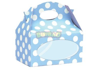 Scatole Candy  Box con finestrella trasparente  per confezionare dolcetti o regali  - 12 pezzi - cartoncino rigido - celeste a pois bianchi  - 12 cm x 12 cm x 8 cm H - Biribao