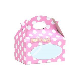 Scatole Candy  Box con finestrella trasparente  per confezionare dolcetti o regali  - 12 pezzi - cartoncino rigido - rosa a pois bianchi  - 12 cm x 12 cm x 8 cm H - Biribao