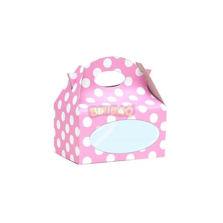 Scatole Candy  Box con finestrella trasparente  per confezionare dolcetti o regali  - 12 pezzi - cartoncino rigido - rosa a pois bianchi  - 12 cm x 12 cm x 8 cm H - Biribao