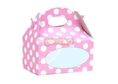 Scatole Candy  Box con finestrella trasparente  per confezionare dolcetti o regali  - 12 pezzi - cartoncino rigido - rosa a pois bianchi  - 12 cm x 12 cm x 8 cm H - Biribao