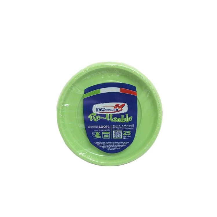 25 PIATTI DI PLASTICA COLORATI LAVABILI RIUTILIZZABILI VERDE ACIDO Ø22 CM DOPLA