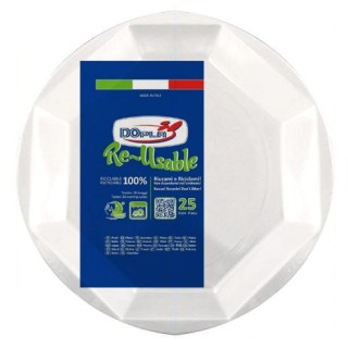 25 PIATTINI FONDI DI PLASTICA RIUTILIZZABILI E LAVABILI BIANCHI OTTAGONALI Ø22  CM DOPLA