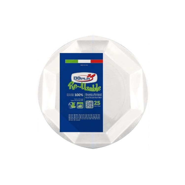 25 PIATTINI FONDI DI PLASTICA RIUTILIZZABILI E LAVABILI BIANCHI OTTAGONALI Ø22  CM DOPLA