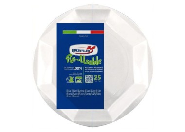 25 PIATTINI FONDI DI PLASTICA RIUTILIZZABILI E LAVABILI BIANCHI OTTAGONALI Ø22  CM DOPLA