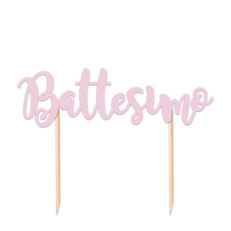Scritta BATTESIMO   cake topper colore rosa per torte in cartoncino  L 20 Cm H 13 Cm 1 pz