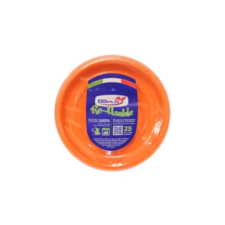 25 PIATTINI FRUTTA  DI PLASTICA RIUTILIZZABILI E LAVABILI ARANCIONE Ø17 CM DOPLA