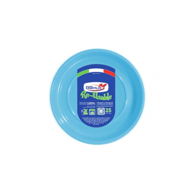 25 PIATTINI FRUTTA  DI PLASTICA RIUTILIZZABILI E LAVABILI AZZURRI Ø17 CM DOPLA
