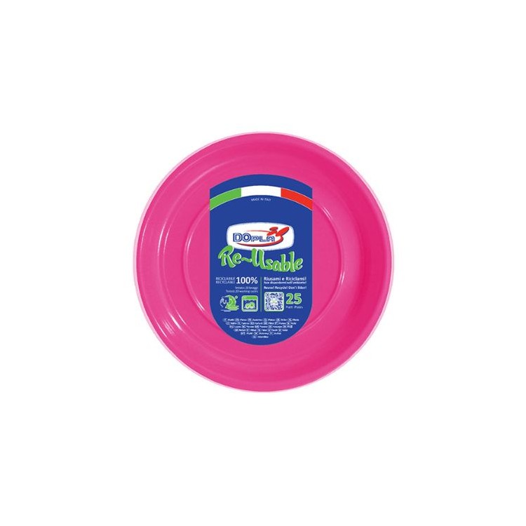 25 PIATTINI FRUTTA  DI PLASTICA RIUTILIZZABILI E LAVABILI FUCSIA Ø17 CM DOPLA