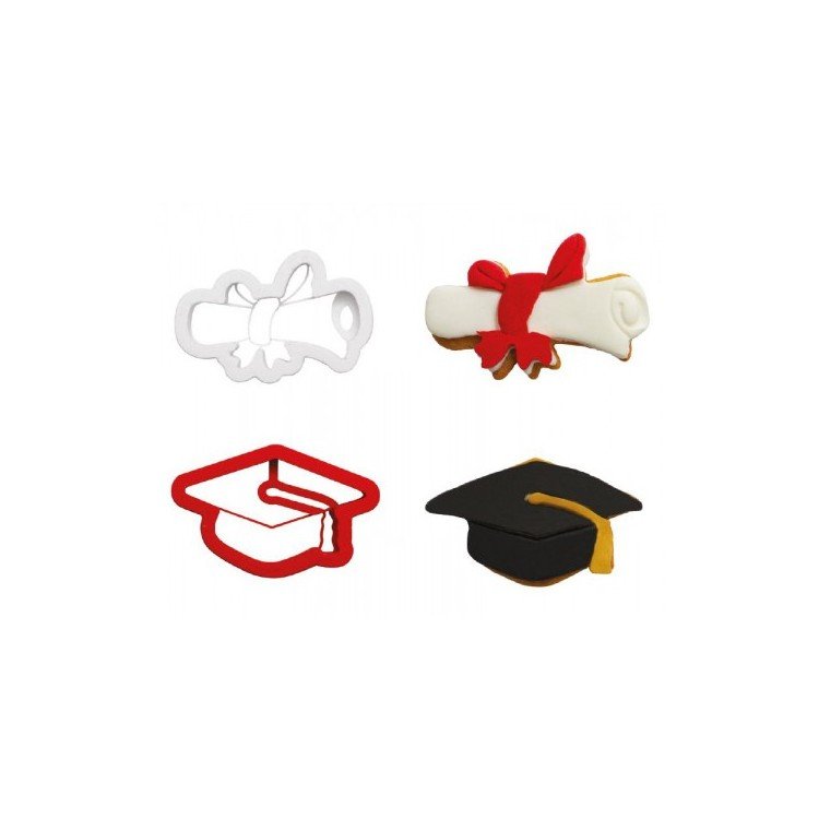 SET 2  TAGLIAPASTA LAUREA   IMPRESSIONE  IN PLASTICA (Cappello Laurea , pergamena Laurea ) Cappello 9 x 5 x h 2 Cm - Pergamena  9 x 6 x h 2 Cm DECORA