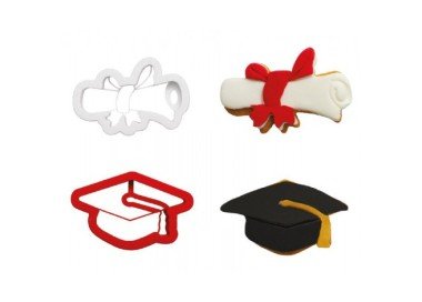 SET 2  TAGLIAPASTA LAUREA   IMPRESSIONE  IN PLASTICA (Cappello Laurea , pergamena Laurea ) Cappello 9 x 5 x h 2 Cm - Pergamena  9 x 6 x h 2 Cm DECORA