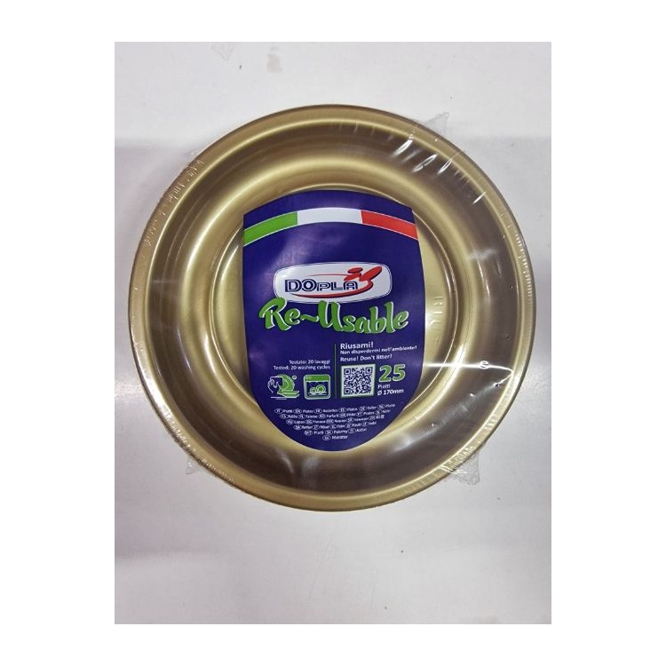25 PIATTINI FRUTTA  DI PLASTICA RIUTILIZZABILI E LAVABILI ORO Ø17 CM DOPLA
