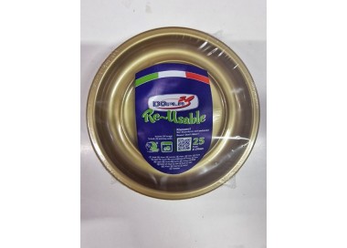 25 PIATTINI FRUTTA  DI PLASTICA RIUTILIZZABILI E LAVABILI ORO Ø17 CM DOPLA