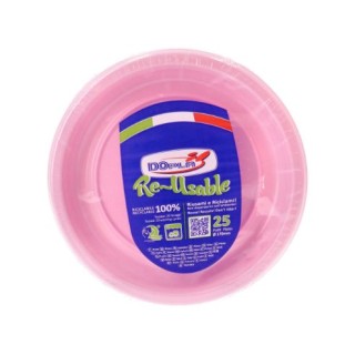 25 PIATTINI FRUTTA  DI PLASTICA RIUTILIZZABILI E LAVABILI ROSA Ø17 CM DOPLA