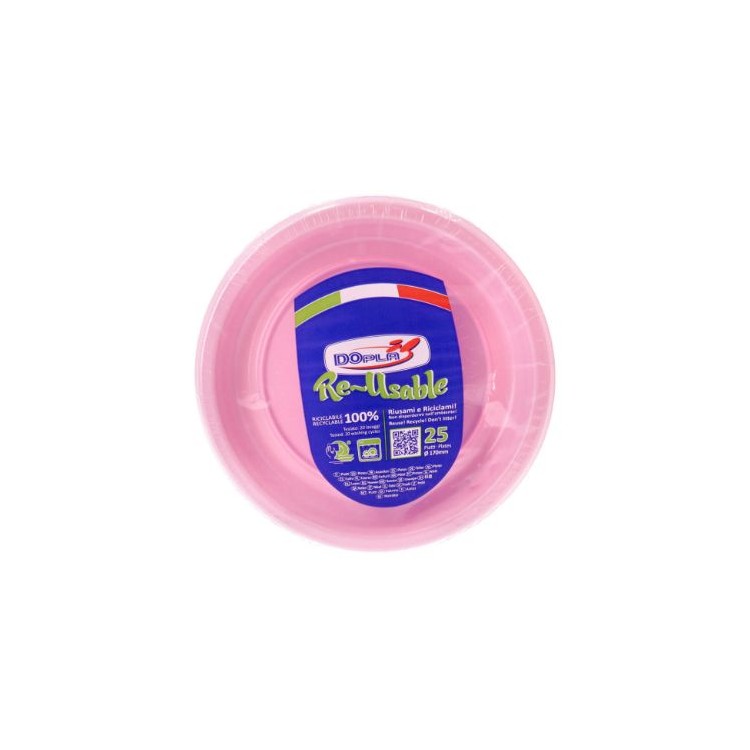 25 PIATTINI FRUTTA  DI PLASTICA RIUTILIZZABILI E LAVABILI ROSA Ø17 CM DOPLA