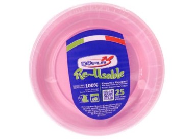 25 PIATTINI FRUTTA  DI PLASTICA RIUTILIZZABILI E LAVABILI ROSA Ø17 CM DOPLA