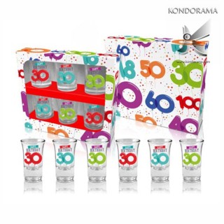 SET 6  bicchierini in vetro per SHOTTINI trentesimo  compleanno con scritta( Happy Birthday  30 ) con confezione regalo