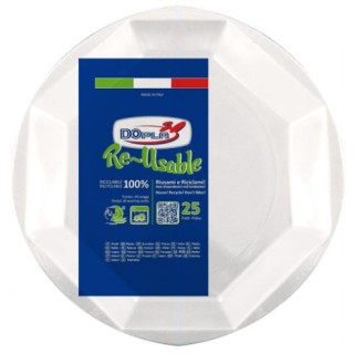 25 PIATTINI PIANI DI PLASTICA RIUTILIZZABILI E LAVABILI BIANCHI OTTAGONALI Ø22  CM DOPLA