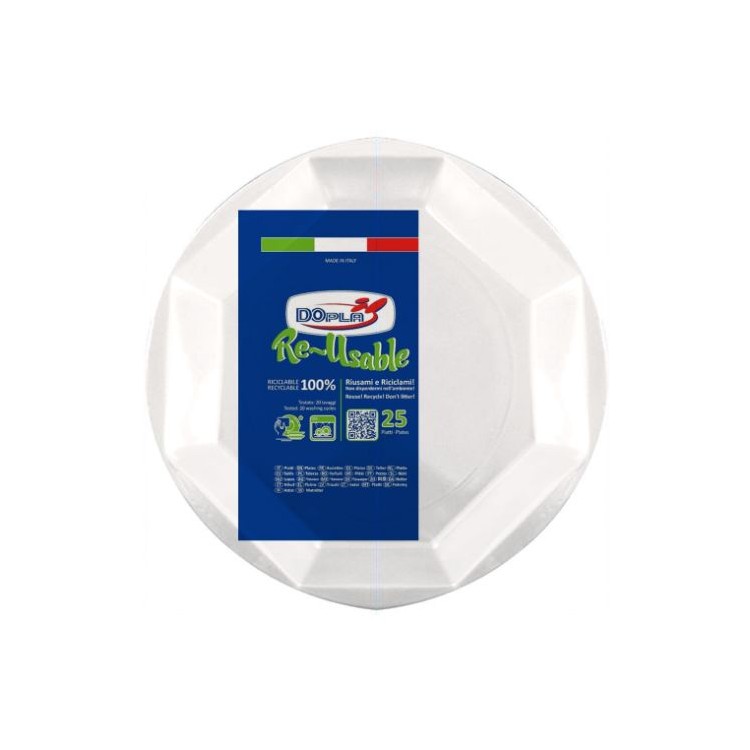 25 PIATTINI PIANI DI PLASTICA RIUTILIZZABILI E LAVABILI BIANCHI OTTAGONALI Ø22  CM DOPLA
