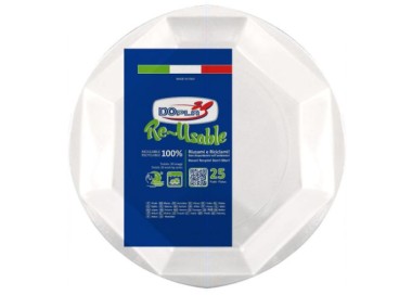 25 PIATTINI PIANI DI PLASTICA RIUTILIZZABILI E LAVABILI BIANCHI OTTAGONALI Ø22  CM DOPLA