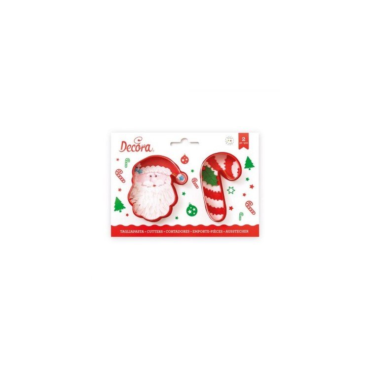 SET Natale  2  TAGLIAPASTA  IMPRESSIONE  IN PLASTICA (Faccia Babbo Natale e Candy cane) Testa Babbo Natale 9 x 8 x h 2 cm- Candy Cane   9 x 5 x h 2 Cm DECORA