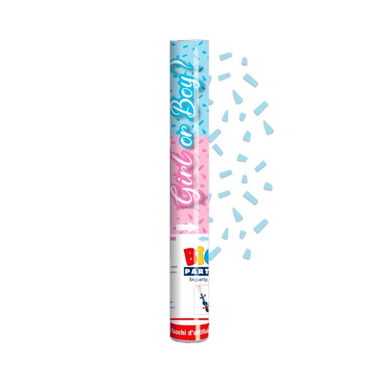 Sparacoriandoli "GIRL  OR  BOY ? "  bimba o bimbo ? ad  Aria compressa  29 cm con mix confetti di colore CELESTE PER ANNUNCIARE IL SESSO DI UN BIMBO   BIG PARTY