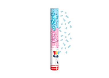 Sparacoriandoli "GIRL  OR  BOY ? "  bimba o bimbo ? ad  Aria compressa  29 cm con mix confetti di colore CELESTE PER ANNUNCIARE