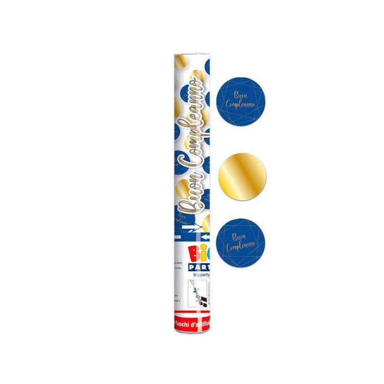 Sparacoriandoli ad  Aria compressa  29 cm con mix confetti oro  metal blù con stampa (buon Compleanno) (altezza di tiro 8 metri) BIG PARTY