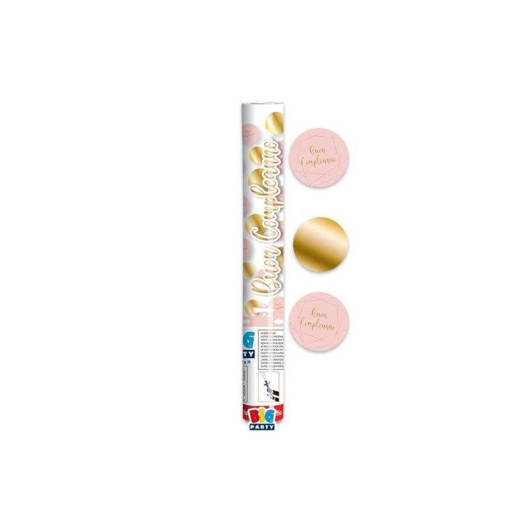 Sparacoriandoli ad  Aria compressa  29 cm con mix confetti oro  metal Rosa  con stampa (buon Compleanno) (altezza di tiro 8 metri) BIG PARTY