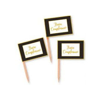 Spiedini Decorativi Bandiera Buon compleanno da cocktail Dolcetti e salatini - H 6,35 cm - da 25 pezzi