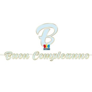 Festone Maxi  Buon Compleanno celeste bordato oro metal  - L 6 metri x 24 cm H - 1 pz