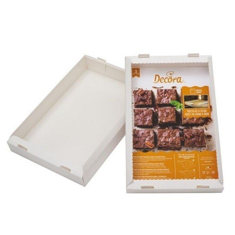 Teglia Rettangolare monouso  per cottura in carta di pura cellulosa resistente a temperature di 200° C.Dim 38 x 24 x H 5 Cm Decora 3 pz