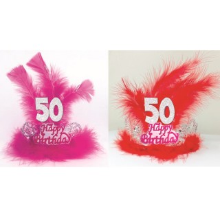TIARA HAPPY BIRTHDAY 50 ANNI CON PIUME E MARABU’ Corona / Tiara  Compleanno 50 anni - 1 pezzo - plastica (COLORI VARI SENZA POS