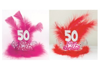 TIARA HAPPY BIRTHDAY 50 ANNI CON PIUME E MARABU’ Corona / Tiara  Compleanno 50 anni - 1 pezzo - plastica (COLORI VARI SENZA POS