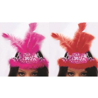 TIARA HAPPY BIRTHDAY CON PIUME E MARABU' Corona / Tiara  Compleanno Happy  Birthday  - 1 pezzo - plastica - color argento e Fuc
