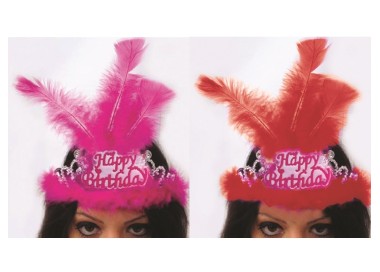 TIARA HAPPY BIRTHDAY CON PIUME E MARABU' Corona / Tiara  Compleanno Happy  Birthday  - 1 pezzo - plastica - color argento e Fuc