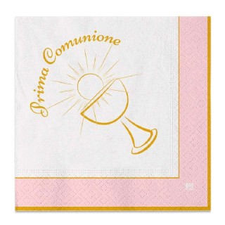 TOVAGLIOLI  COMUNIONE BIMBA  ROSA BIANCHI e ORO  - Mis.  33 x 33 cm - Confez. 20 pezzi