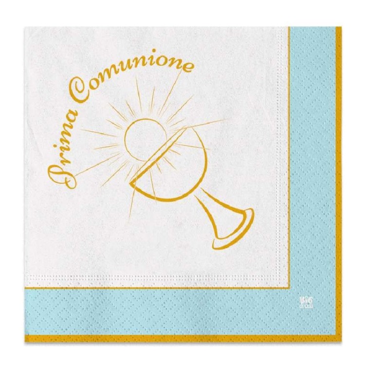 TOVAGLIOLI  COMUNIONE BIMBO  CELESTE  BIANCHI e ORO  - Diametro 33 x 33 cm - Confez. 20 pezzi