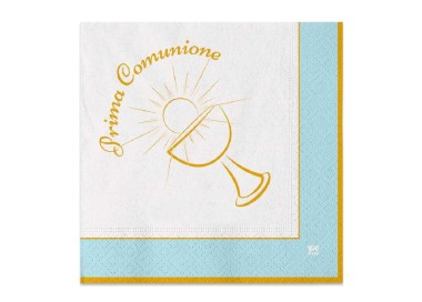 TOVAGLIOLI  COMUNIONE BIMBO  CELESTE  BIANCHI e ORO  - Diametro 33 x 33 cm - Confez. 20 pezzi
