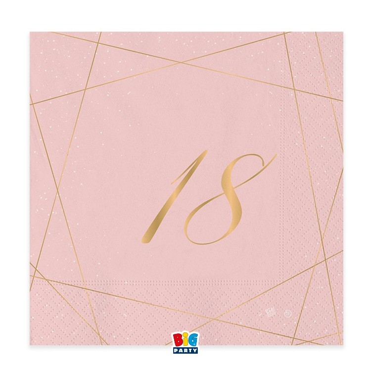 TOVAGLIOLI 18° COMPLEANNO ROSA  DONNA CON SCRITTO  (18 ) in oro - Confez. 20 pezzi - 33 cm x 33 cm - 3 veli
