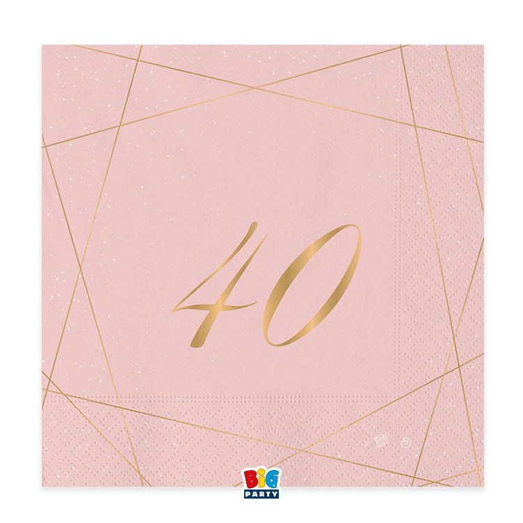 TOVAGLIOLI 40° COMPLEANNO ROSA  DONNA CON SCRITTO  (40 ) in oro - Confez. 20 pezzi - 33 cm x 33 cm - 3 veli