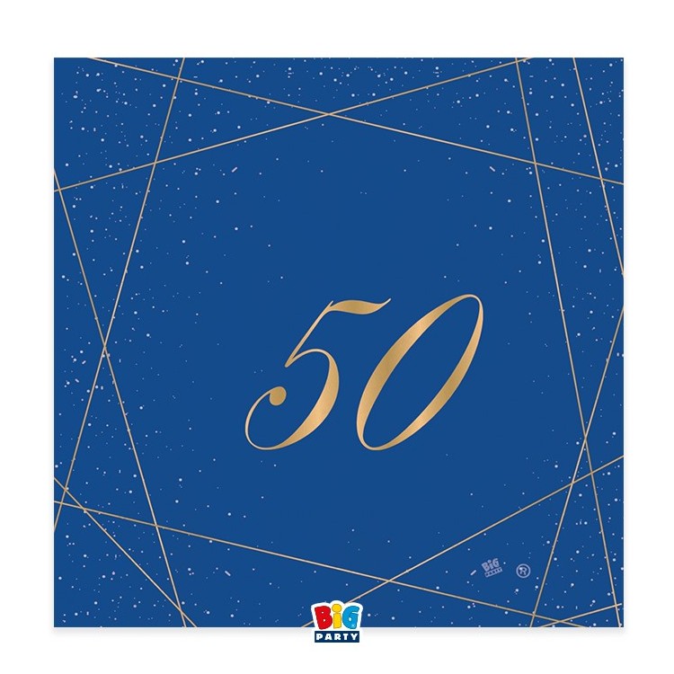 TOVAGLIOLI 50° COMPLEANNO Blù CON SCRITTO  (50 ) in oro - Confez. 20 pezzi - 33 cm x 33 cm - 3 veli