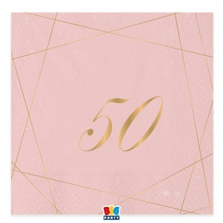 TOVAGLIOLI 50° COMPLEANNO ROSA  DONNA CON SCRITTO  (50 ) in oro - Confez. 20 pezzi - 33 cm x 33 cm - 3 veli