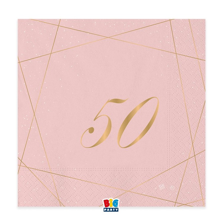TOVAGLIOLI 50° COMPLEANNO ROSA  DONNA CON SCRITTO  (50 ) in oro - Confez. 20 pezzi - 33 cm x 33 cm - 3 veli