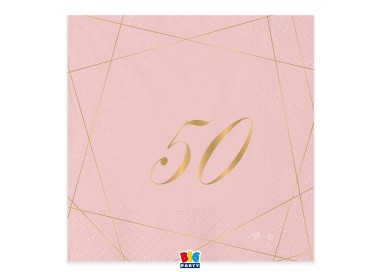 TOVAGLIOLI 50° COMPLEANNO ROSA  DONNA CON SCRITTO  (50 ) in oro - Confez. 20 pezzi - 33 cm x 33 cm - 3 veli