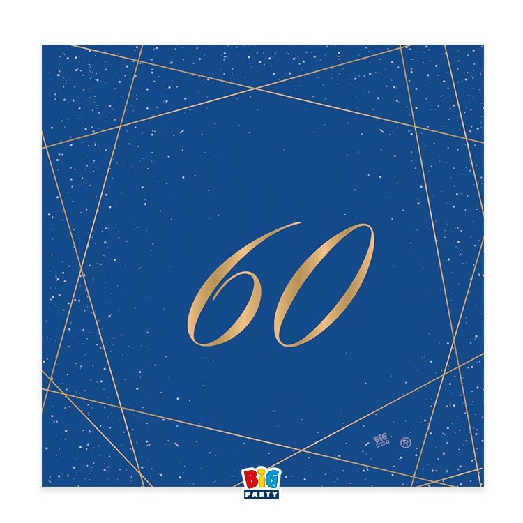 TOVAGLIOLI 60° COMPLEANNO Blù CON SCRITTO  (60 ) in oro - Confez. 20 pezzi - 33 cm x 33 cm - 3 veli