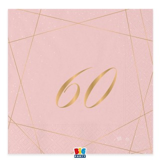TOVAGLIOLI 60° COMPLEANNO ROSA  DONNA CON SCRITTO  (60 ) in oro - Confez. 20 pezzi - 33 cm x 33 cm - 3 veli