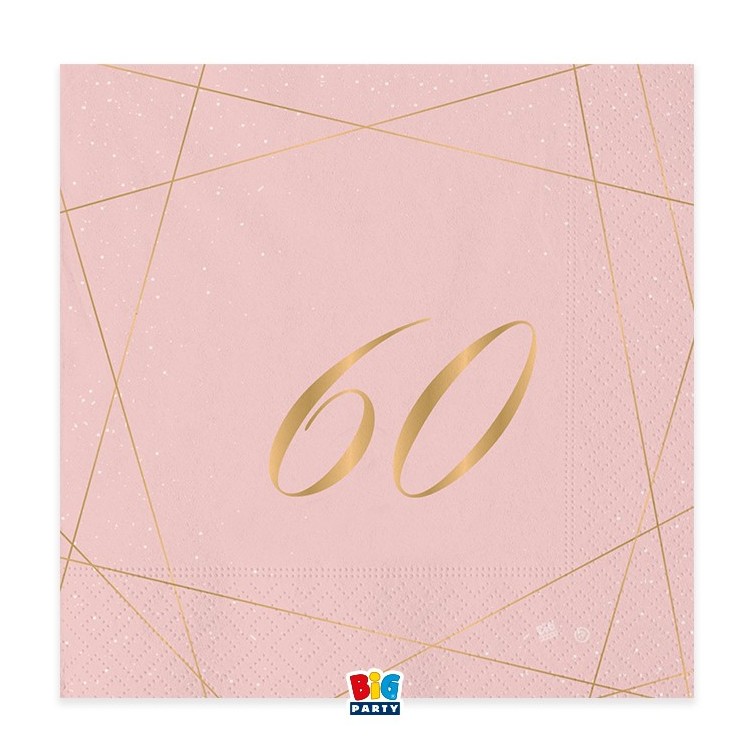 TOVAGLIOLI 60° COMPLEANNO ROSA  DONNA CON SCRITTO  (60 ) in oro - Confez. 20 pezzi - 33 cm x 33 cm - 3 veli