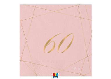 TOVAGLIOLI 60° COMPLEANNO ROSA  DONNA CON SCRITTO  (60 ) in oro - Confez. 20 pezzi - 33 cm x 33 cm - 3 veli